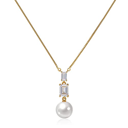 Supraone Pearl Pendant Necklace 9-10Mm Pearls And Cubic Zirconia Necklace With 16" Box Chain Plating 18K Gold Pearl Necklace For Women Real Pearl Necklaces (Cz-Pearl-Yellow Gold) #TOP3