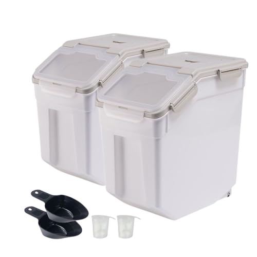 Mairuker 50 lb Flour Storage Container, 2 Pack Rice Storage Container with Measuring Cup/Wheels Seal Locking Lid for Flour, Rice, Grain, Cereal, Dry Food Dispenser Organizer Storage Bin (Grey)