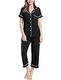 Joyaria Schlafanzug Damen 3/4 Hose, Schlafanzug Damen Geknöpft für Sommer (Schwarz,Größe S)