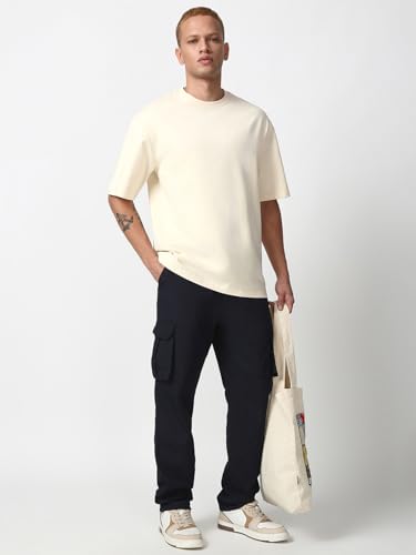 Image of Bewakoof Men's Cotton Solid Super Loose Fit Half Sleeve Round Neck T-Shirt | Casual Wear | Street Wear | Oversized t Shirt for Men Cotton| Baggy