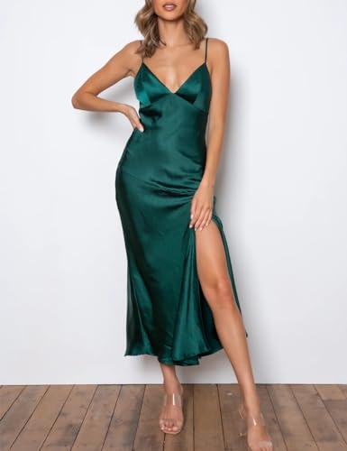 Image of Summer Satin V Neck Silp Midi Dress for Women Wedding Guest 2026 Sexy Spaghetti Strap Backless Long Dresses with Slit