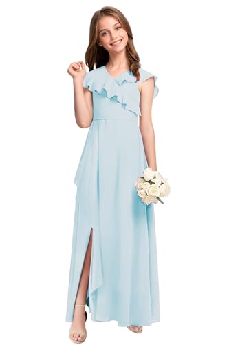 Chiffon Flower Girl Dresses for Wedding Junior Girl Bridesmaid Dresses for Teen Girls with Slit