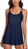 UNIQWETO Women's Tummy Control Tankini 2 Piece Swimderss Tank Top horts Swimswear Swimsuit, Navy Blu