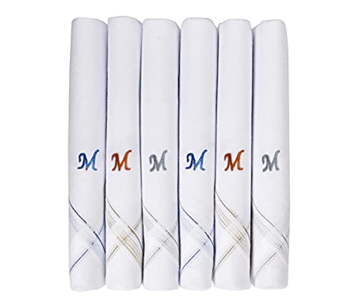 Caruso Italy Men's Initial Monogram (A-Z) Embroidery 100% Pure Cotton Handkerchief White Base With Colored Border - Pack Of 6