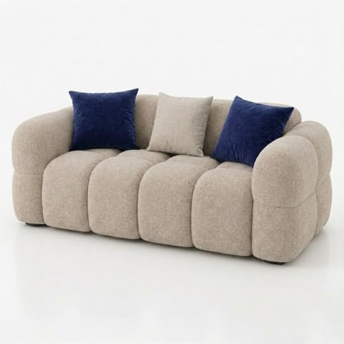 Image of FURNY Luxury Nimbus 2 Seater Bubble Cloud Sofa Set for Living Room | Boucle Weave Fabric Upholstered | Modern Cushioned Comfortable Couch for Home Office & Drawing Room | Sandstone Beige