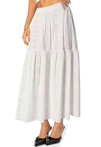 Babalet Women's Boho Cotton Skirts Embroidery Lace Eyelet Elastic Waist Flowy A-Line Beach Casual Summer Maxi Skirt3