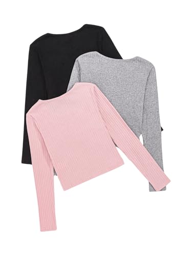 Image of OYOANGLE Girl's 3 Packs Button Front Crew Neck Long Sleeve T-Shirt Ribbed Knit Basic Tee Tops