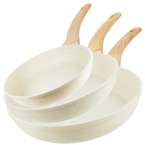 Homiu Non-Stick Frying Pan for Induction, Gas, Ceramic & Electric Hobs – Lightweight Pan for Eggs, Pancakes, Omelettes & Everyday Cooking (White, 3Pcs)