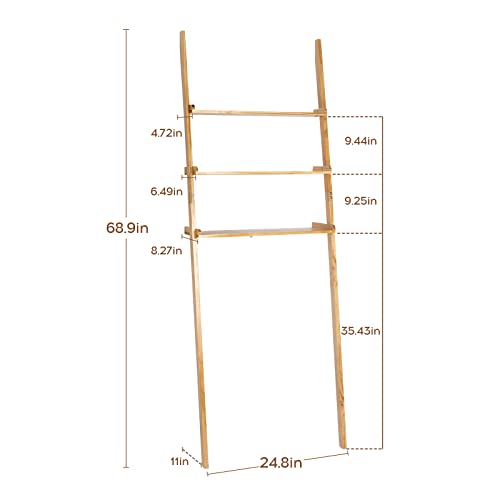 Bloddream Bathroom Organizer, 3-Tier Over The Toilet Storage Space Saver Ladder Shelf Leaning Solid Wood Storage Rack, Over-The-Toilet Storage Shelves For Bathroom, Natural Pine Wood, 67.7" #TOP2