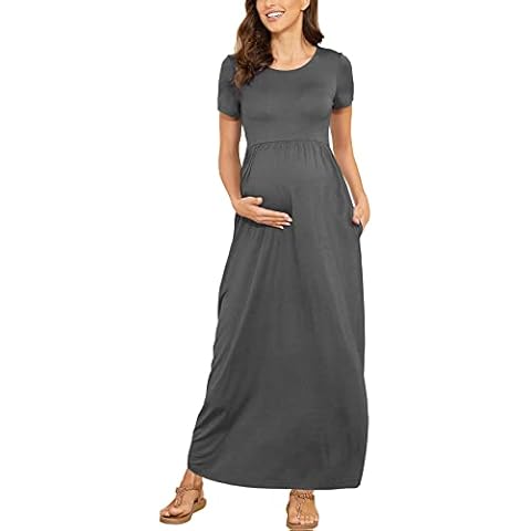 PARNIXS Women's Maternity Dress Patchwork Pregnancy Clothes for Photoshoot with Pockets Dark Grey Cover