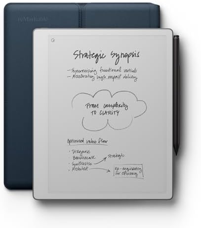 reMarkable Paper Pure Bundle – 10.3” Paper Tablet with Black-and-White Display – Digital Notebook for Better Thinking, Writing, and Reading. Includes Ocean Blue Sleeve Folio and Marker Plus
