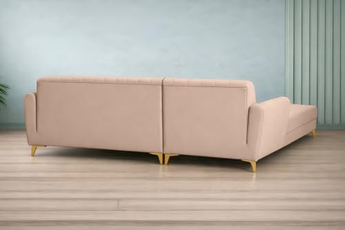Image of Adorn India Premium Luster 6 Seater L Shape Sofa Set | Velvet Suede Fabric | 3-Year Warranty | LHS |Color Beige with Golden Legs & Striped Pattern Cushion