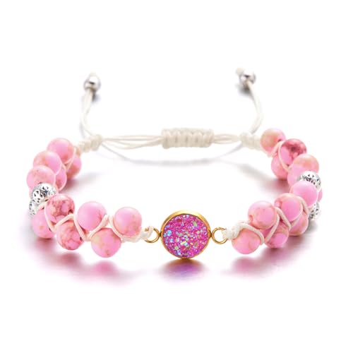 Adakunon Double-Layer Wrapped Natural Imperial Stone Beaded Bracelet, Druzy Crystal Pendant Fashion Jewelry (pink)