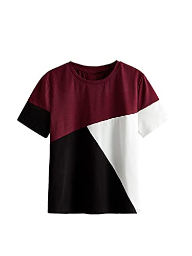 Wdirara Boy's Striped Letter Graphic Print Short Sleeve Round Neck Top T-Shirt Burgundy White 11-12Y #TOP3