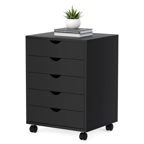 5 Drawer Mobile File Cabinet Under Desk Storage Organization with Wheels Vertical Filing Chest Rolling Wood Small Desk Printer Stand for Home Office, Black