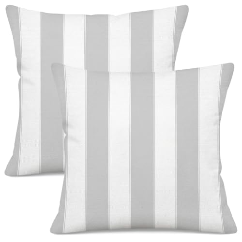 Qinqingo Grey and White Striped Decorative Throw Pillow Covers 18x18 Inch, Set of 2 Boho Farmhouse Cushion Cases for Sofa Couch Living Room Outdoor Patio, Modern Home Decor