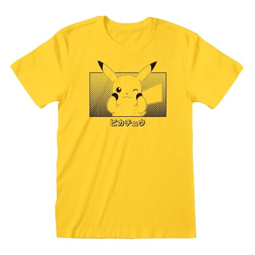T-Shirt Pikachu Katakana Pokémon unisexe à manches courtes en coton jaune