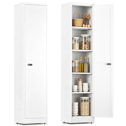 Schließfach, Schmaler Schrank 40 cm breit, Metallschrank Abschließbar, Aktenschrank mit 1 Tür & 4 Einlegeböden, Kleiderschrank für Ecke, Badezimmer, Küche, 180x40x35cm Weiß