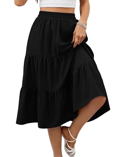 Lyrur Tiered Midi Skirts Womens Elastic Waist Summer Swing Ruffle Casual Black Skirts with Pockets(L,9193-Black)
