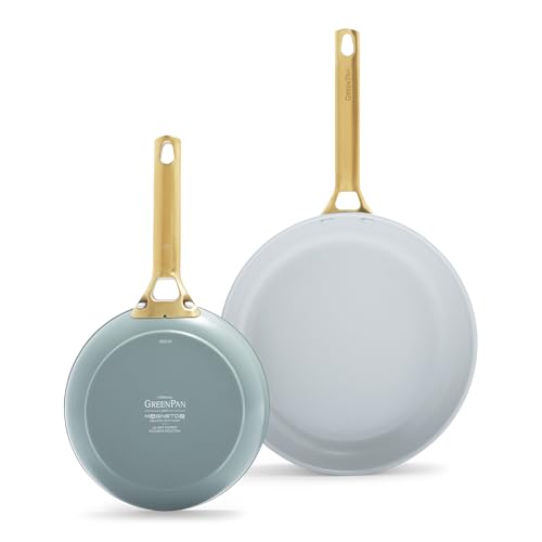 GreenPan Padova Reserve Juego de 2 Sartenes Antiadherentes de Cerámica Saludable Anodizada Dura, 20 cm y 28 cm, Sin PFAS, Inducción, Mango Dorado, Apto para Lavavajillas, Apto para Horno, Azul Ahumado