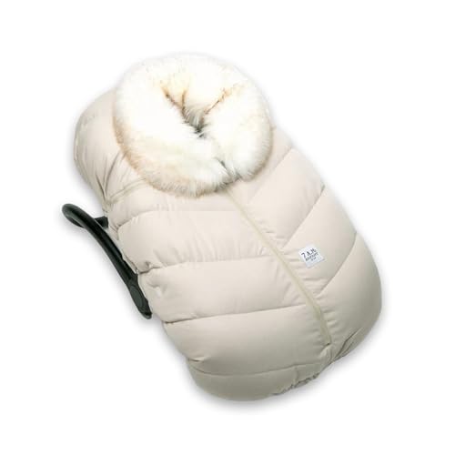 Image of 7AM Enfant Car Seat Covers - Cocoon Baby Cover for Boys & Girls, Rain & Snow Repellent, Breathable Windproof, Center Zipper, Universal Fit for Infant Car Seat (0-12M) (White Fur & Beige Heather)