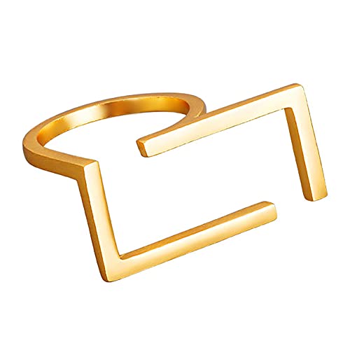 Unique Rectangle Open Band Ring for Women Girls Gold-Toned Minimalist Geometrical Statement Adjustable Expandable Finger Rings Comfort Fit Fashion Simple Jewelry (Gold)