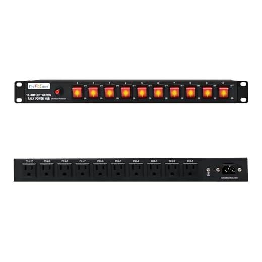 ThePoEstore 10 tomadas horizontais de 1 U para montagem em rack PDU - proteção contra surtos, 10 interruptores LED individuais, CA 100V-240V-15A. para racks de servidor de rede, cabo de alimentação