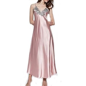 LLSS Femmes V-Neck Satin Silk Lace Lingerie Pyjama Night Dress Nightgown Sleepwear