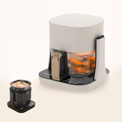 3-in-1 Glass Air Fryer & Grill Pan Combo for kitchen, 360-Degree Rotating Design Airfryer, Portable Healthy Cooking, Non-Stick,Easy Clean, Multi-Function for Frying, Griddle & Baking (White)