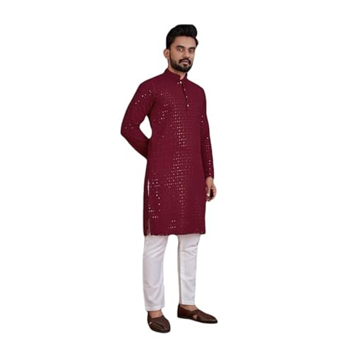Pyjama Homme Coton Soie de type Pathani Kurta long brodé avec col mandarin coloré