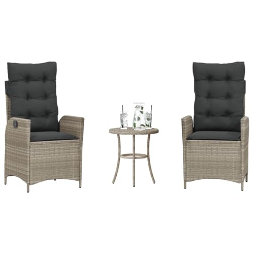 GeenYuu Lot de 3 meubles de jardin en rotin synthétique avec coussins et fauteuils réglables et cadre en acier revêtu par pulvérisation - Gris clair