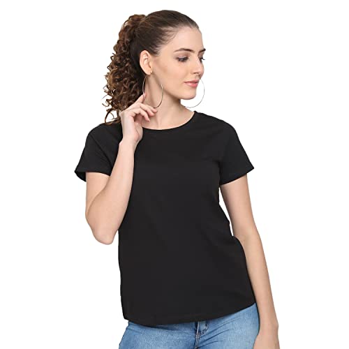 Image of UnaOne Women Black Cotton Plus Size Slim Fit Round Neck Summer Regular and Plus Size Smart Tshirts