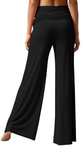 Fold Over Yoga Pants Women Casual Foldover Wide Leg Pants Bell Bottoms Y2K Low Rise Bootcut Flare Leggings Summer Lounge Trousers for Beach Vacation Outfits — view 2