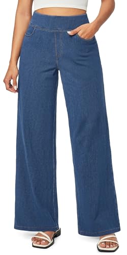 IUGA Wide Leg Jeans Woman High Waisted Pull On Baggy Jeans for Women Stretchy Trendy Womens Jean Straight Casual Denim Pants Light Blue