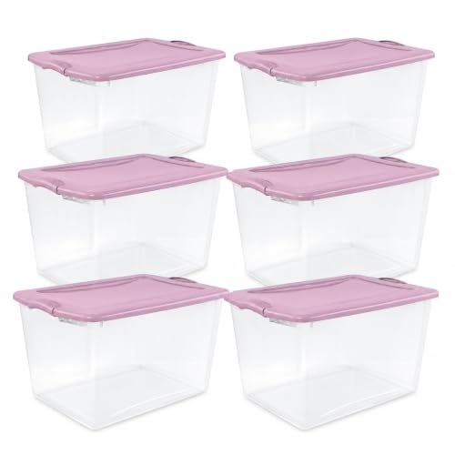 Image of Storage Bins 66 Qt Clear Latching Lid Stackable 6 Pack Purple