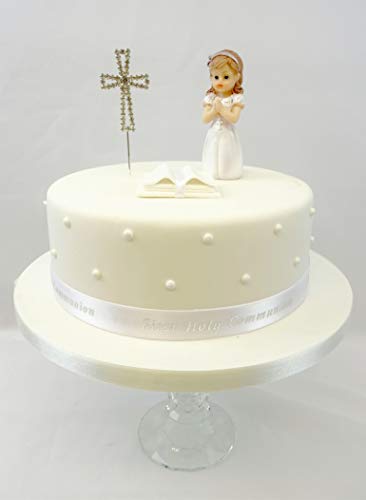 Cake Decoration First Holy Communion Kneeling Praying Girl Handmade Sugarpaste Bible Diamante Cross and Ribbon Cake Topper Set Ornament