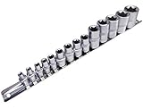 Juego de 14 piezas con huella estrella para llave de carraca. El kit incluye: 5 vasos 1/4"- E4, E5, E6, E7, E8; 4 vasos 3/8" - E10, E11, E12, E14; 5 vasos 1/2"- E16, E18, E20, E22, E24. El tamaño es visible y está marcado en cada pieza para que quede claramente identificado