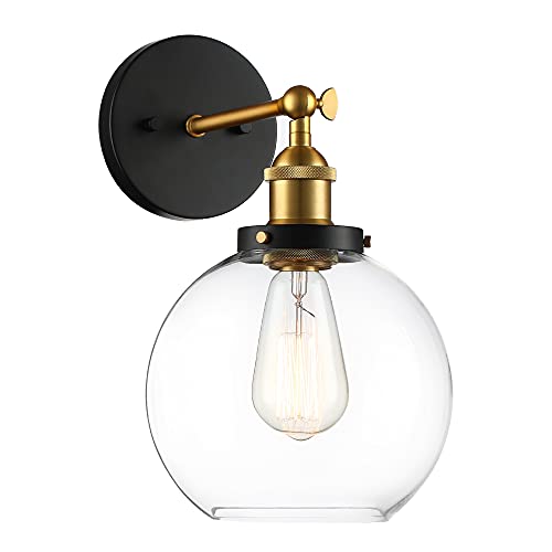 MOTINI 1-Light Globe Wall Sconce Black and Gold Antique Brass 8  Round Clear Glass Swing Arm Modern Vintage Industrial Bathroom Sconce Vanity Light Fixture Indoor Wall Lamp for Bedroom Living Room
