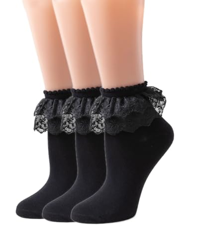Image of Women Double Layer Ruffle Socks with Lace Trim - Princess Dress Socks, 3 Pairs