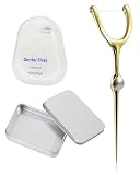 DAFNE 1 juego palillos de hilo dental de metal y púas de hilo dental,kit de soporte hilo dental reutilizable con funda portátil,herramienta de hilo dental para el cuidado bucal para viajes(oro)