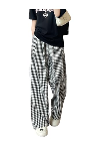 Women's Y2K Grunge Pants Plaid High Waist Loose Gingham Trousers Wide Leg Casual Acubi Bottoms Kawaii Aesthetic Clothing