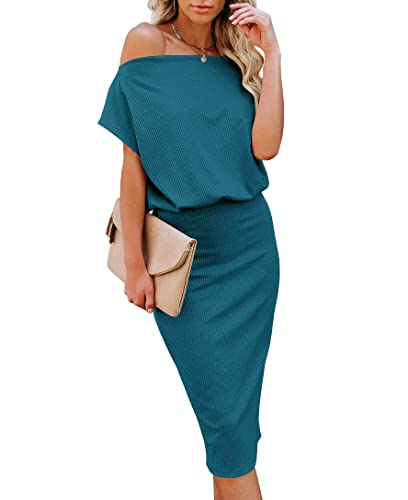 Image of EZBELLE Women's Summer Dress Off The Shoulder Short Sleeve Ribbed Casual Party Bodycon Midi Dresses