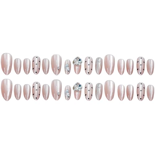 Image of Secret Lives Peach Color, Dot Print and 3D Stud Cat Eye Press-On Nails - 24PC Reusable Nail Set for Women & Girls | Long-Lasting, Easy to Apply, Artificial Nail Extensions