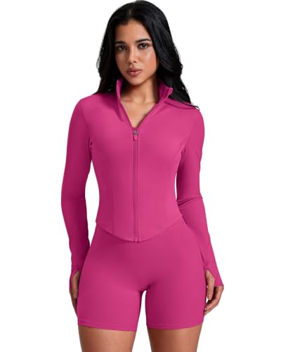 AVGO Womens Cropped Running Jackets Lightweight Full Zip Up Jacket Athletic Sportwear Workout Top With Thumb Holes (Hot Pink, Medium) - Image 2