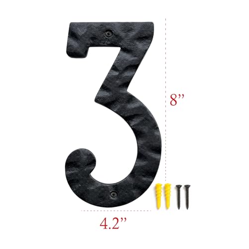 Image of NACH House Numbers for Outside, 8 inch Black Address Numbers for House - Number 3 - Rustic Numbers for Outside with Mounting Hardware