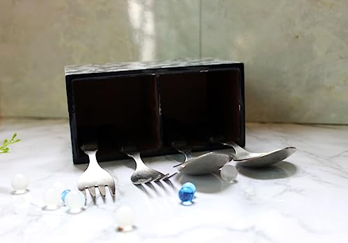 Image of Monstera Hut Premium MDF Wooden Cutlery Holder Kitchen Organizer Spoon Stand Accessories Caddy, Rectangular | 2 Compartment | Wooden Storage Organiser | (15x7x10cm)