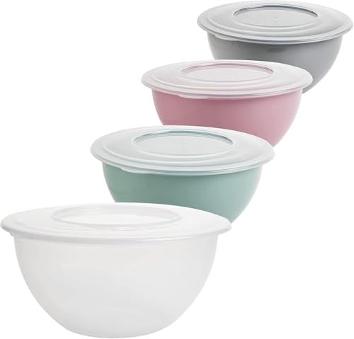 Saladier avec couvercle, 5 L, Lot de 4, Saladier avec couvercle, Bol à mélanger, Plastique (PP), Sans BPA, Couleur : Gris clair, Rose pastel, Vert et Transparent, Couvercle transparent, Diamètre 28 cm