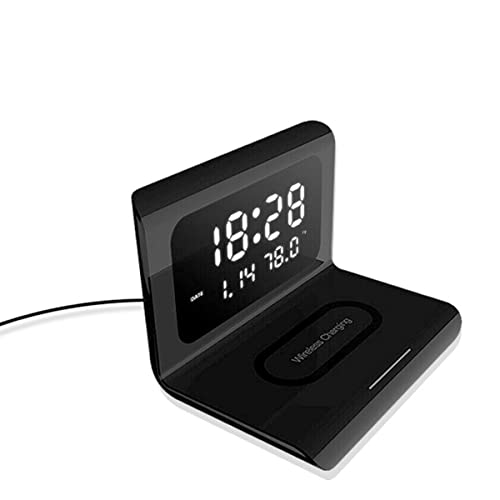 COOLEAD Réveil sans fil Alarme de charge sans fil Luminosité réglable 2 alarmes Mode Nocturne Capteur de température ambiante sans fil Réveil numérique avec chargeur Noir Cover