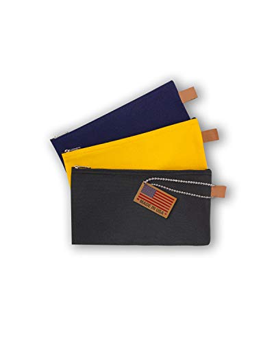 Canvas Products Group - MADE IN THE USA - Tool Pouch Zipper Bag - 3 Pack Utility Multipurpose Organizer, Bank Deposit, Small Tool Storage, Leather Tab For Clip On 12.25â€ x 7â€ CPG (Navy, Yellow, Black)