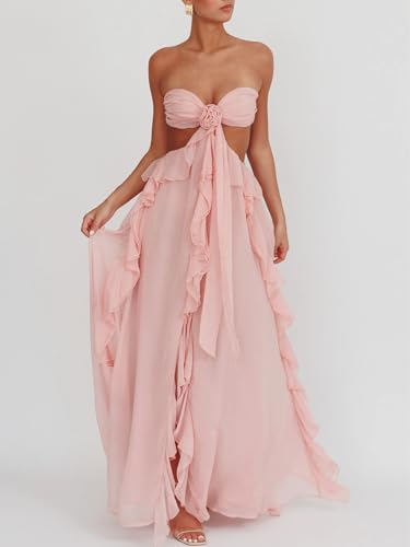 Image of Women Y2k Backless Long Dress Halter Tie Neck Maxi Dress Flowy Beach Sundress Summer Streetwear